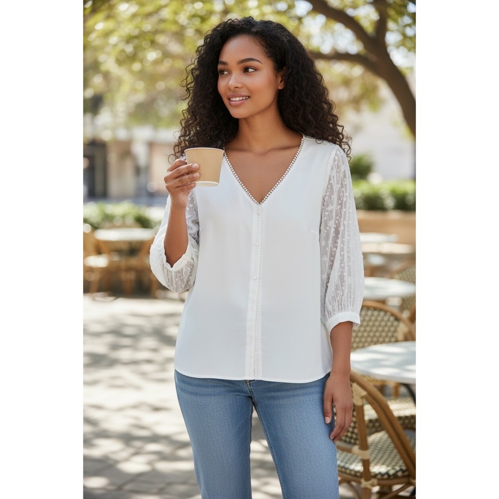 Agnes Orinda White V Neck Button Front Blouse Sheer Lace Sleeve Top Plus Size 1X